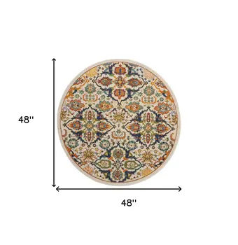 4' Ivory and Blue Round Floral Power Loom Area Rug