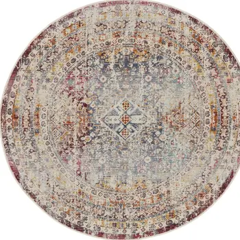 4' Ivory Red And Orange Geometric Distressed Round Rug