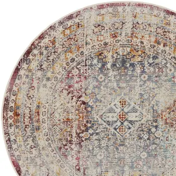 4' Ivory Red And Orange Geometric Distressed Round Rug