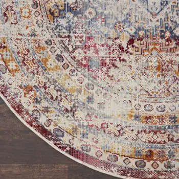 4' Ivory Red And Orange Geometric Distressed Round Rug
