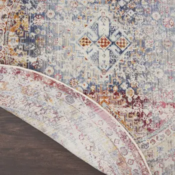 4' Ivory Red And Orange Geometric Distressed Round Rug
