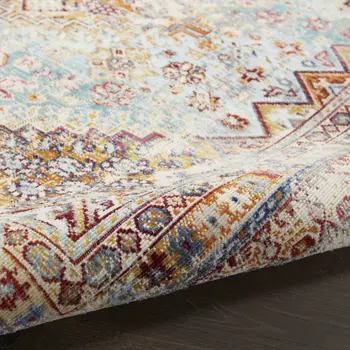 4' Ivory Red And Orange Geometric Distressed Round Rug