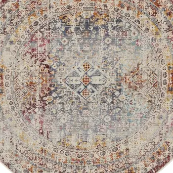 4' Ivory Red And Orange Geometric Distressed Round Rug