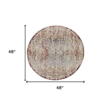 4' Ivory Red And Orange Geometric Distressed Round Rug