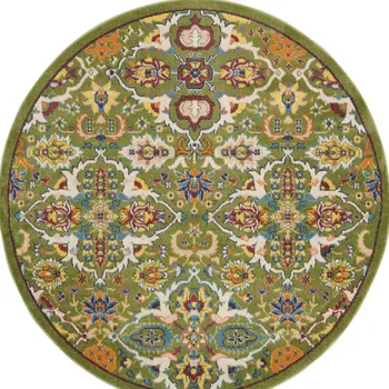 4' Green Yellow Blue and Red Round Floral Power Loom Area Rug