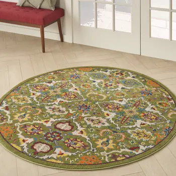 4' Green Red And Orange Floral Medallion Round Rug