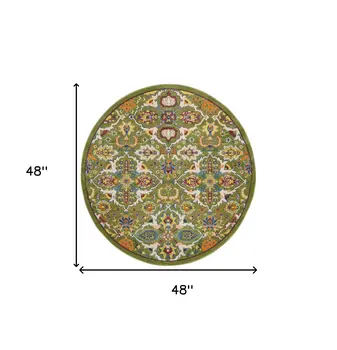 4' Green Yellow Blue and Red Round Floral Power Loom Area Rug