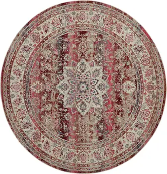 4' Ivory And Red Floral Distressed Round Rug