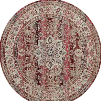 4' Ivory And Red Floral Distressed Round Rug