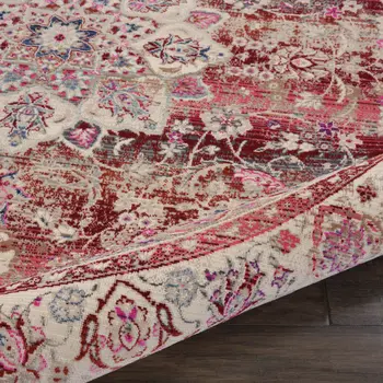 4' Ivory And Red Floral Distressed Round Rug
