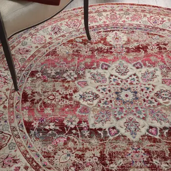 4' Ivory And Red Floral Distressed Round Rug