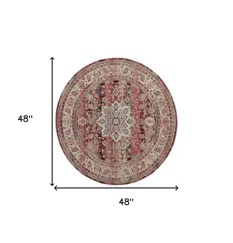 4' Ivory And Red Floral Distressed Round Rug