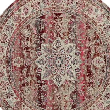 4' Ivory And Red Floral Distressed Round Rug