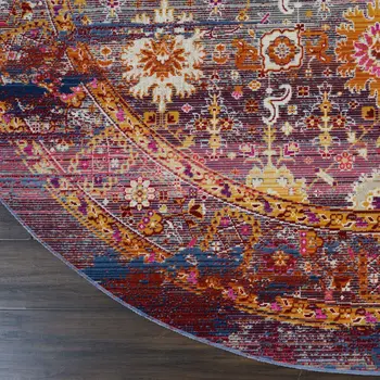 4' Blue Yellow And Red Floral Distressed Round Rug