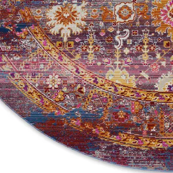 4' Blue Yellow And Red Floral Distressed Round Rug
