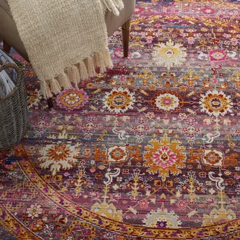 4' Blue Yellow And Red Floral Distressed Round Rug