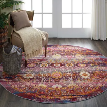 4' Blue Yellow And Red Floral Distressed Round Rug
