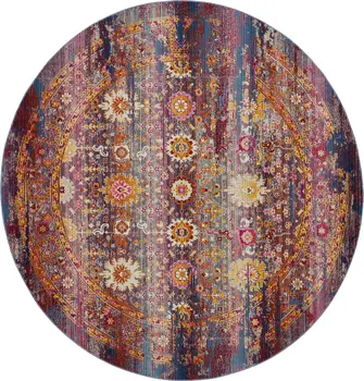 4' Blue Yellow And Red Floral Distressed Round Rug