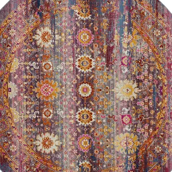 4' Blue Yellow And Red Floral Distressed Round Rug