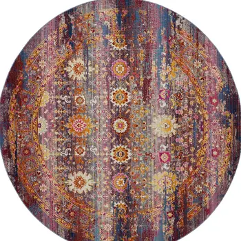 4' Blue Yellow And Red Floral Distressed Round Rug