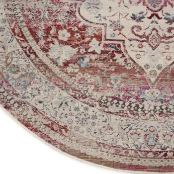 4' Ivory Red And Brown Floral Distressed Round Rug