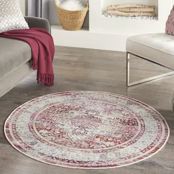 4' Ivory Red And Brown Floral Distressed Round Rug
