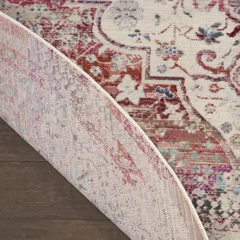 4' Ivory Red And Brown Floral Distressed Round Rug