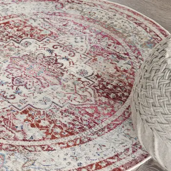 4' Ivory Red And Brown Floral Distressed Round Rug