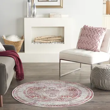 4' Ivory Red And Brown Floral Distressed Round Rug