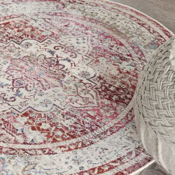 4' Ivory Red And Brown Floral Distressed Round Rug