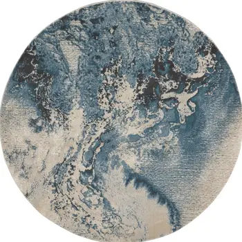 4' Ivory Teal Blue and Black Abstract Round Rug