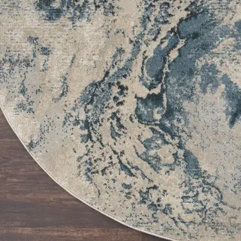 4' Ivory Teal Blue and Black Abstract Round Rug