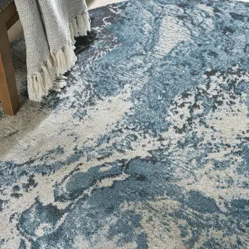4' Ivory Teal Blue and Black Abstract Round Rug