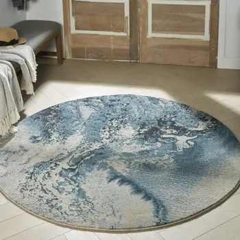 4' Ivory Teal Blue and Black Abstract Round Rug