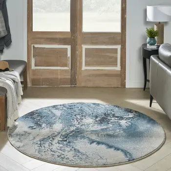 4' Ivory Teal Blue and Black Abstract Round Rug