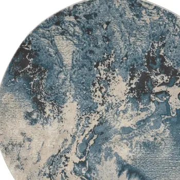 4' Ivory Teal Blue and Black Abstract Round Rug