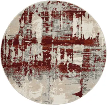 4' Ivory Red and Gray Abstract Round Rug
