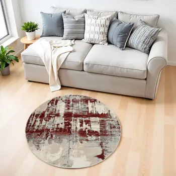 4' Ivory Red and Gray Abstract Round Rug