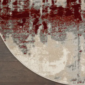 4' Ivory Red and Gray Abstract Round Rug