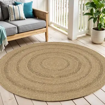 3' Natural And Brown Round Handmade Indoor Outdoor Area Rug