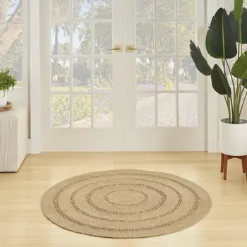 3' Natural And Brown Round Handmade Indoor Outdoor Area Rug