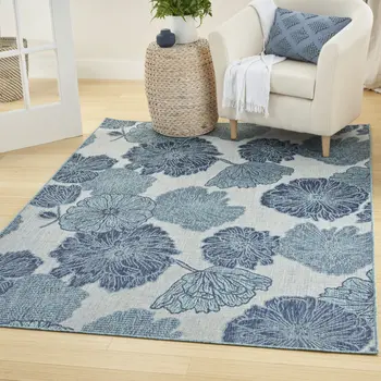 5' X 7' Navy Blue Ivory And Blue Floral Indoor Outdoor Area Rug
