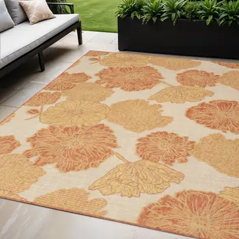 5' X 7' Coral And Ivory Floral Indoor Outdoor Area Rug