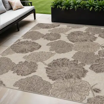5' X 7' Natural And Ivory Floral Indoor Outdoor Area Rug