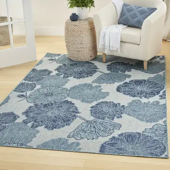 4' X 6' Navy Blue Ivory And Blue Floral Indoor Outdoor Area Rug
