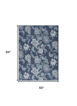 5' X 7' Navy Blue Sky Blue And Ivory Floral Indoor Outdoor Area Rug