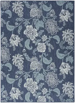 5' X 7' Navy Blue Sky Blue And Ivory Floral Indoor Outdoor Area Rug