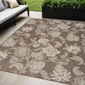 5' X 7' Brown And Ivory Floral Indoor Outdoor Area Rug