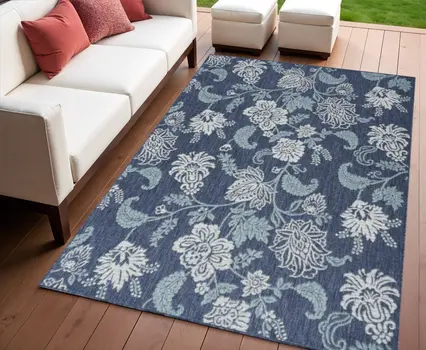 4' X 6' Navy Blue Sky Blue And Ivory Floral Indoor Outdoor Area Rug