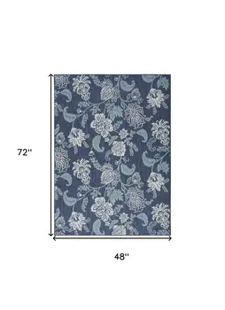 4' X 6' Navy Blue Sky Blue And Ivory Floral Indoor Outdoor Area Rug